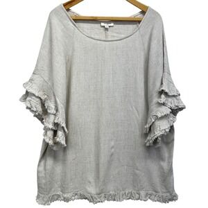 Umgee Linen Blend Ruffle Sleeve Fringe Top Women Large Beige Casual Boho Chic